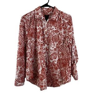 Ann Taylor Factory Red Floral Blouse Sz M Button Down Shirt Top Pockets
